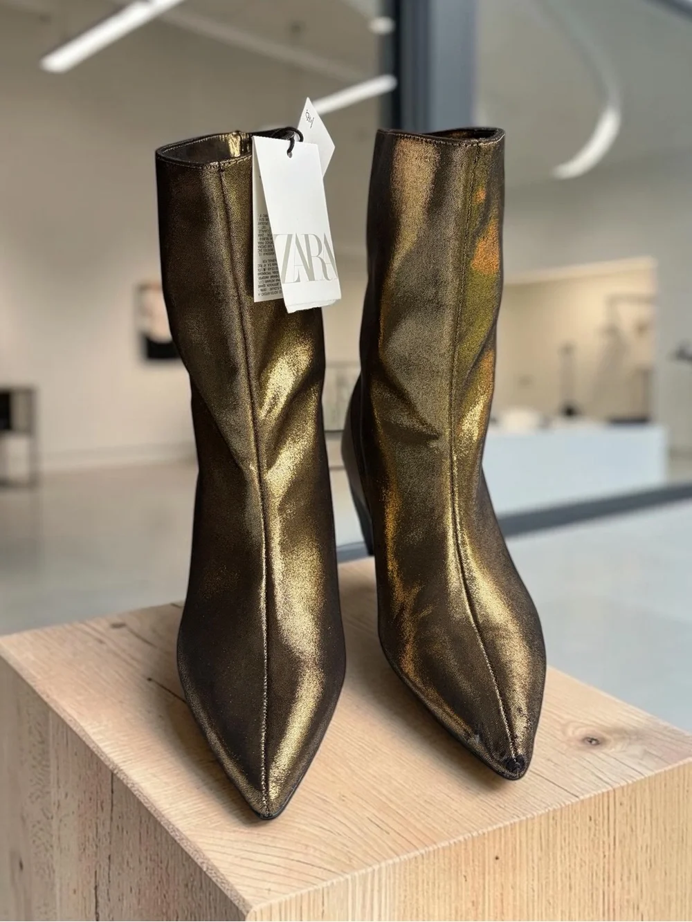 ZARA Metallic Bronze Pointed Ankle Boots Booties